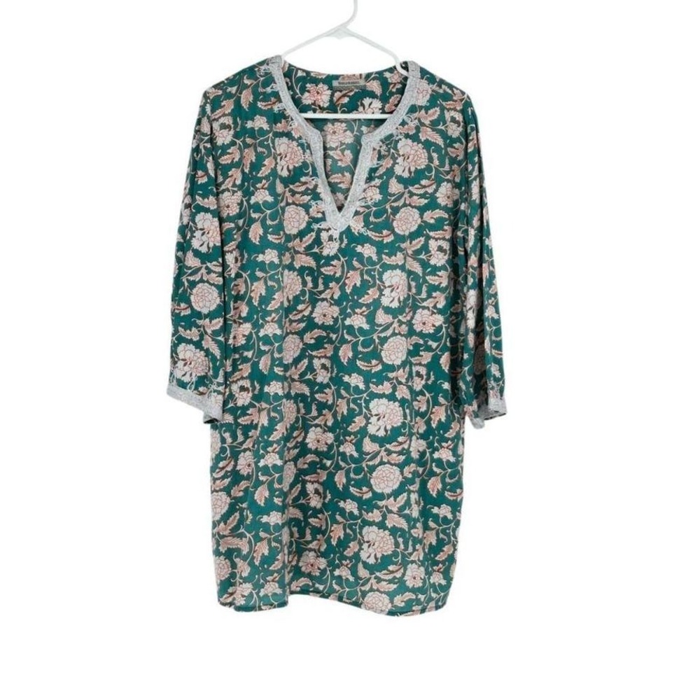 World‎ Market Floral Tunic Coverup Crochet Trim Green Pink Bohemian One Size